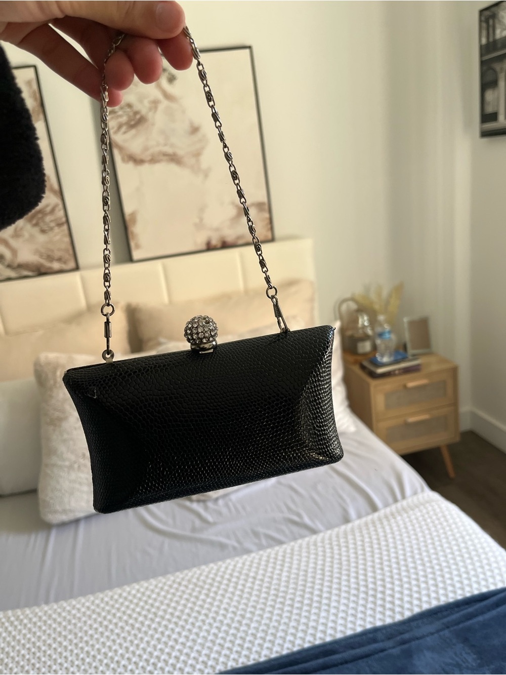 bebe Black Textured Evening Clutch with Crystal Kiss-Lock